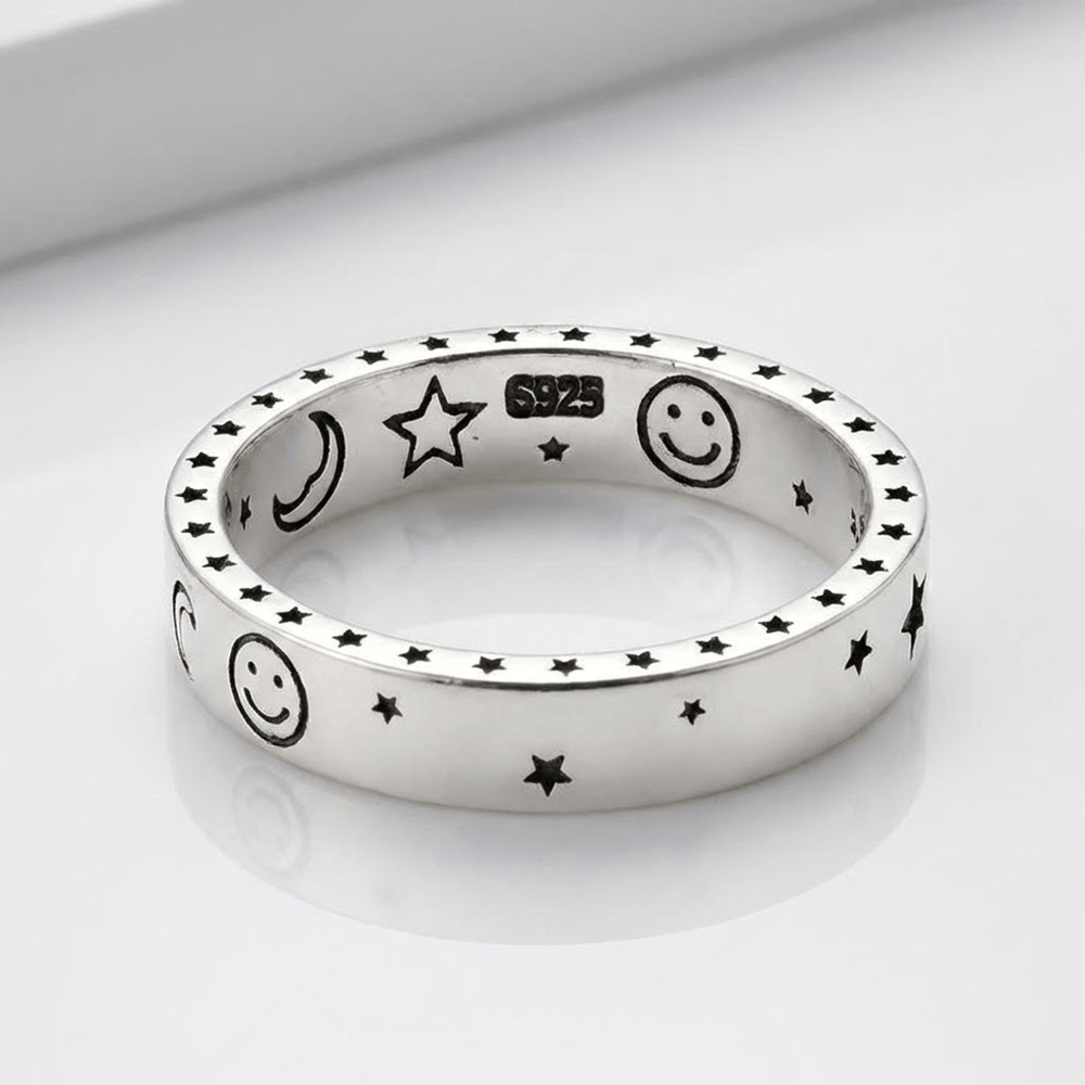 Happy Moon & Stars Silver Band Ring - (Adjustable)