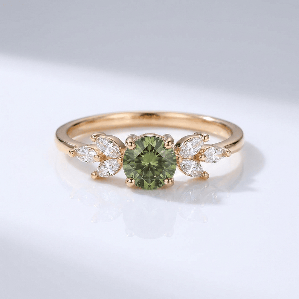 Green Peridot Gold Dainty Leaf Ring