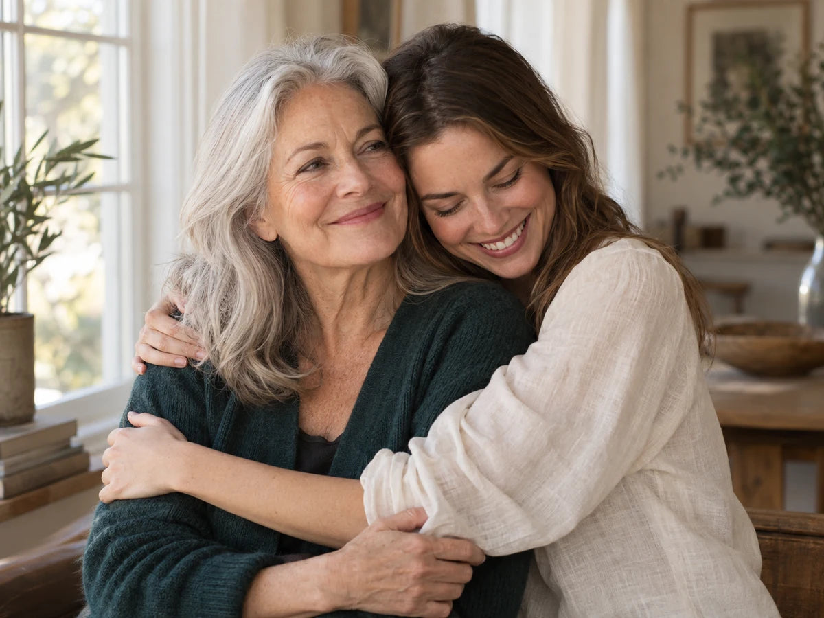 An affectionate moment shared by a mother and her adult daughter
