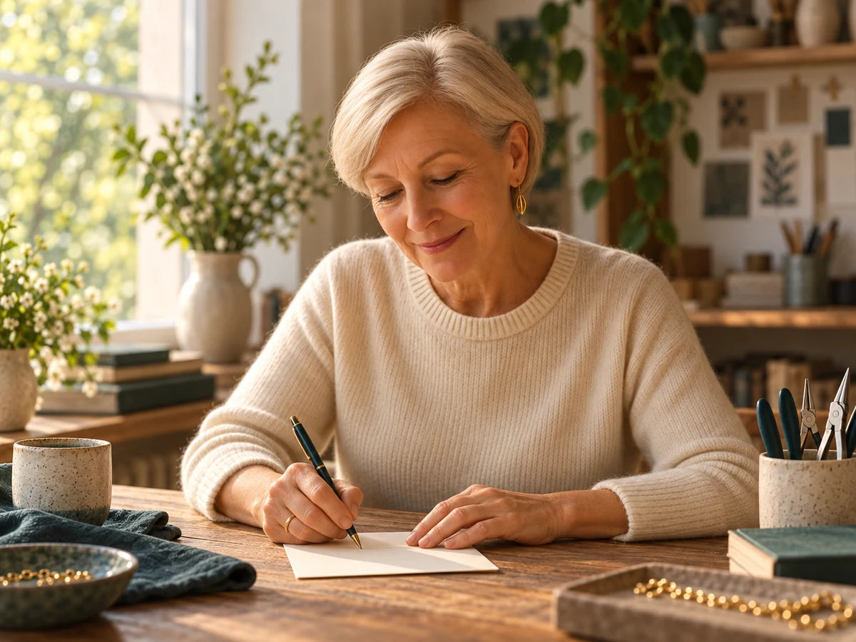 Editorial scene of Carla writing a personal note at her worktable