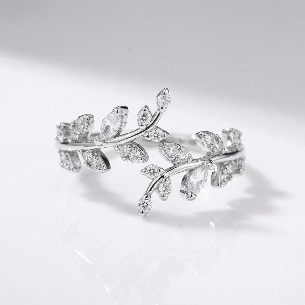 Crystal Leaf Vine Silver Ring - (Adjustable)