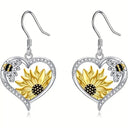 Vintage Boho Sunflower & Bee Heart Dangle Earrings