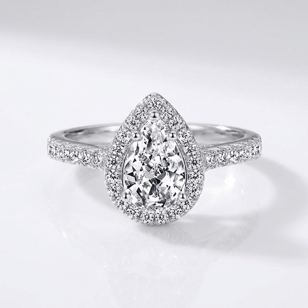 Pear Zirconia Silver Halo Ring