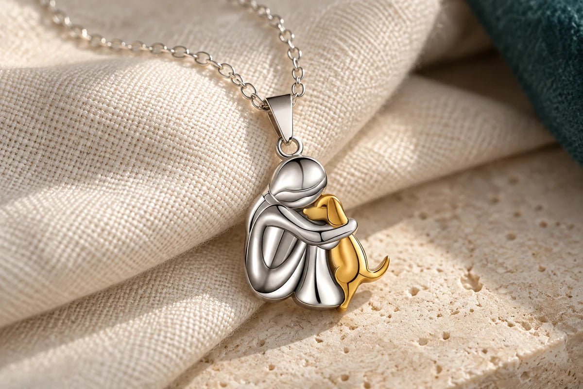 Two-tone pendant of a person embracing a dog, resting on ivory linen